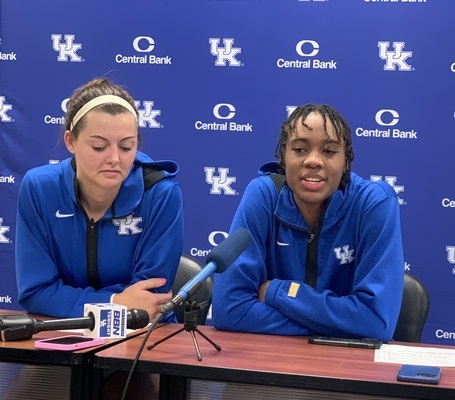 Emma King and Ajae Petty are all smiles while talking to reporters after the Wildcats' 73 - 67 win over Tennessee Tech on Sunday (Photo Credit Dr. John Huang).